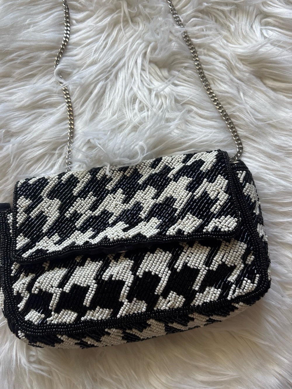 Black & White Beaded Houndstooth Crossbody Bag